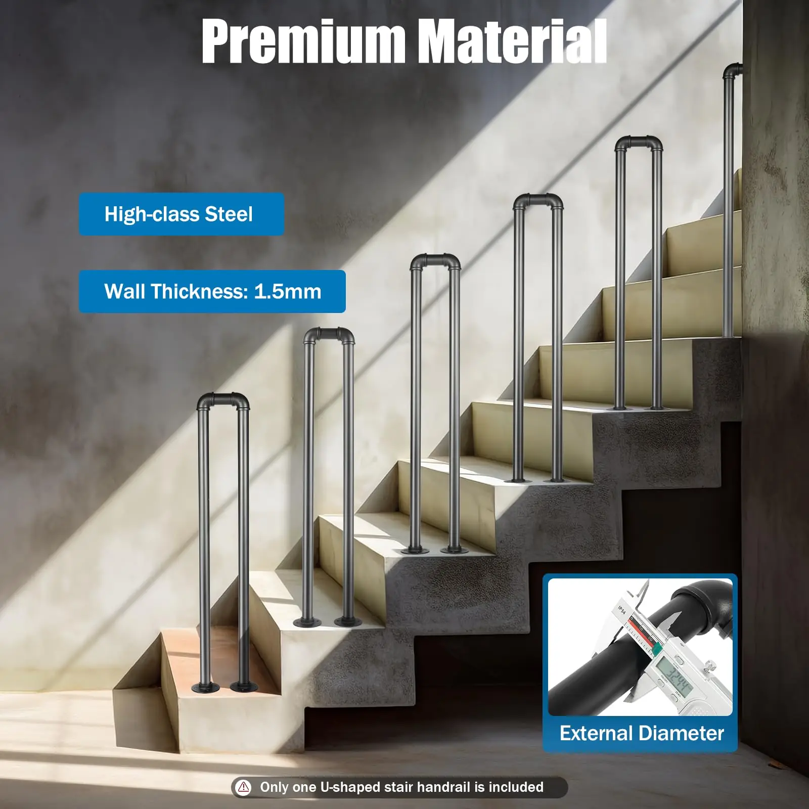Corrimão de escada preto fosco em forma de u corrimão de ferro forjado industrial antiderrapante segurança interior ou exterior suporte para crianças idosas