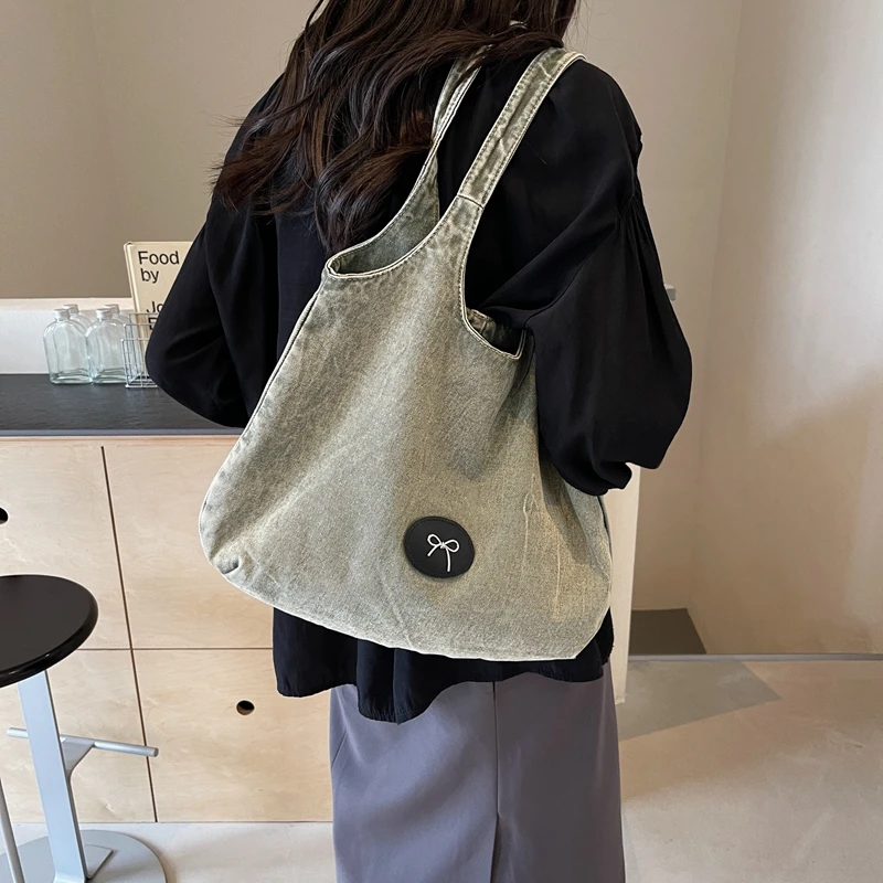 Denim Solid Colors Interior Zipper Pocket Ladies Tote Bags on Sale 2024 High Quality Sewing Thread Shoulder Bags for Women