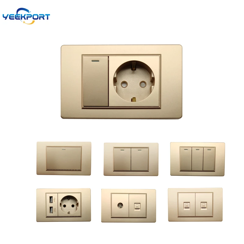 118mm EU Haushalt Deutscher Standard Goldene PC Flammhemmende Steckdose 16A 2-Loch Netzstecker Wandsteckdose mit Schalter-Kombination – Detail 8