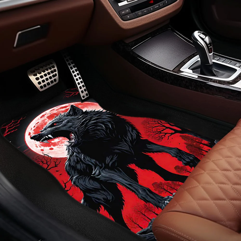 1pc/2pcs/4pcs Fashion And Art Car Floor Mats With Ferocious Moon Wolf Pattern, Water-absorbent, Non-slip And Anti-fouling, Washa