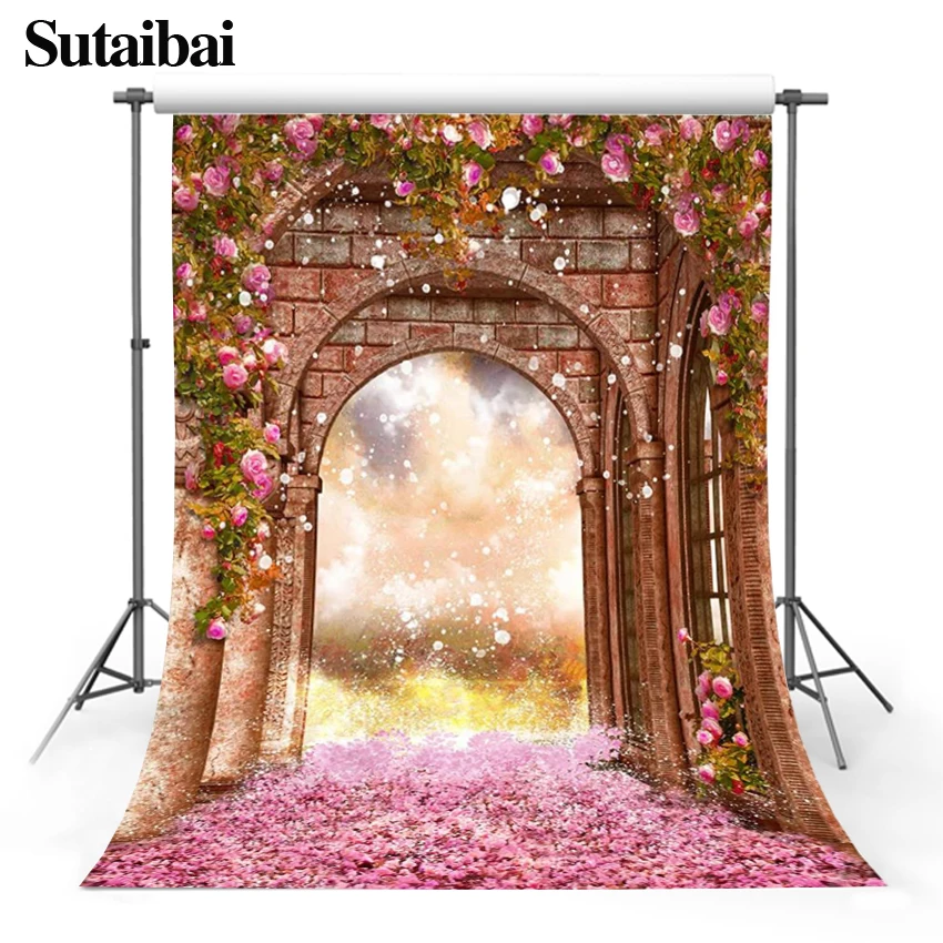 Valentine's Day Pink Floral Backdrop Flower Avenue Brick Arch Bride Shower Wedding Photography Background for Photo Studio Props