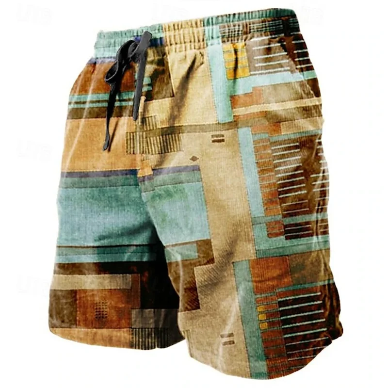 Vintage Plaid Patchwork Shorts Men\'s Hawaii Vacation 3D Printed Geometric Pattern Swimming Trunks Elastic Drawstring Beach Pants