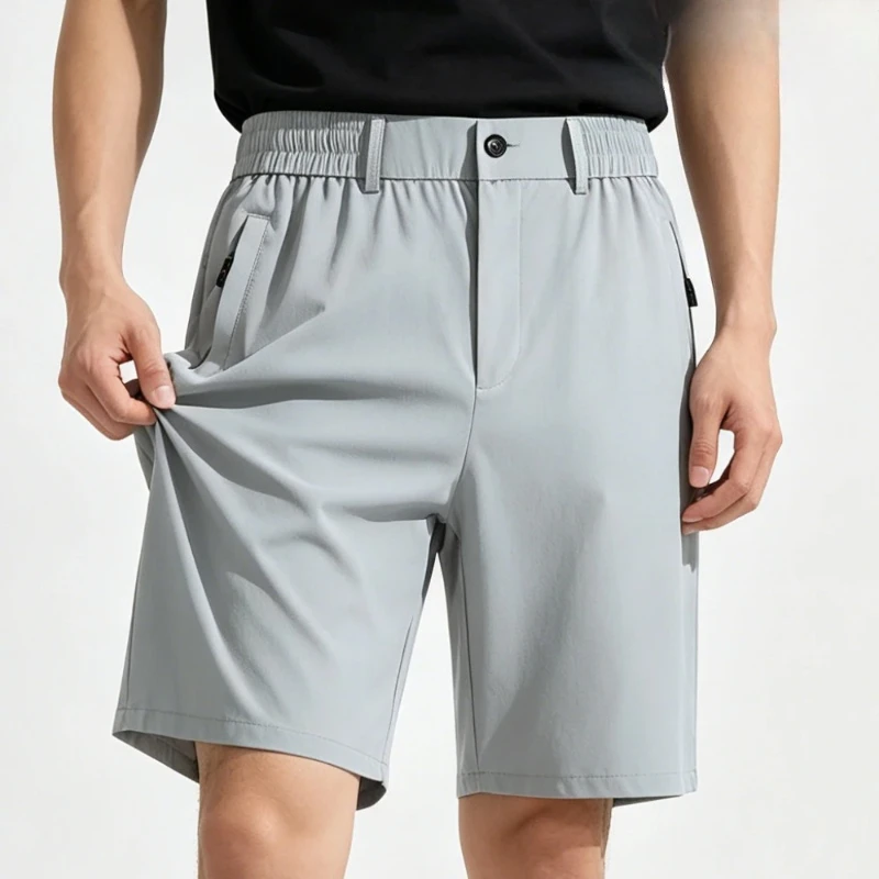 

Korea 8XL 7XL Men's Shorts Ice Silk Casual Short Trousers Elastic Waist Zipper Side Pockets Stretch Half Pants Golf Bermuda Male