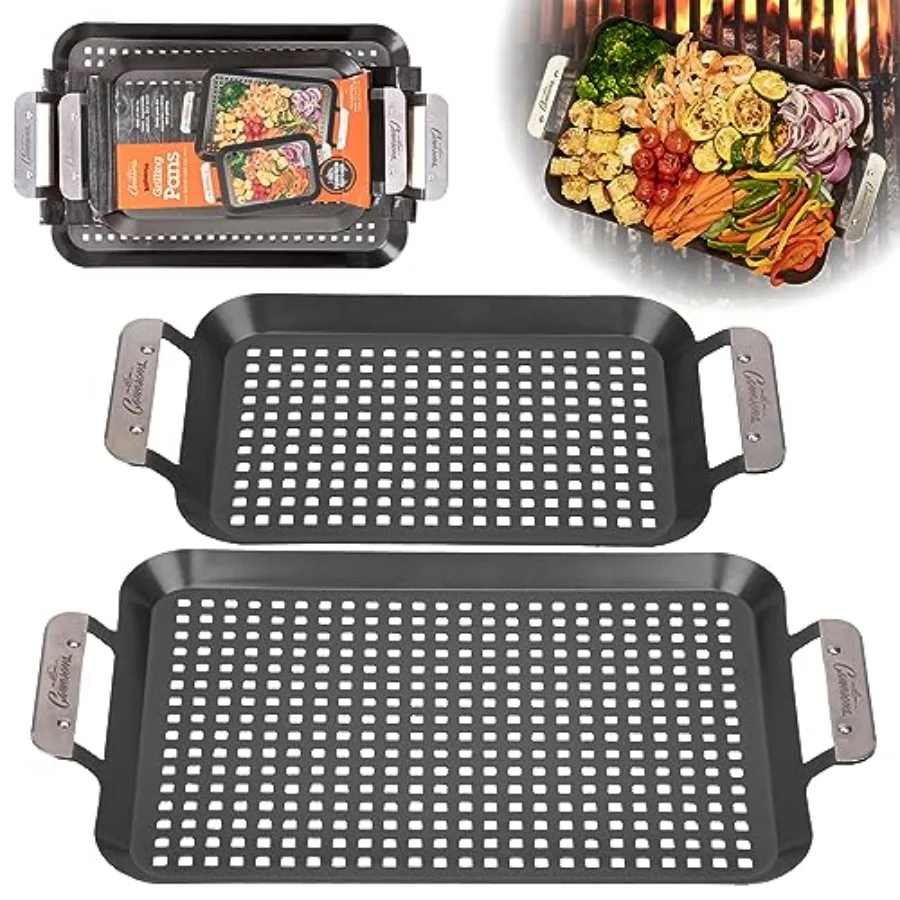 

BBQ Grill Topper Grilling Pans Set of 2 - Non-Stick Barbecue Trays w Stainless Steel Handles - Indoor Outdoor use for Barbecue