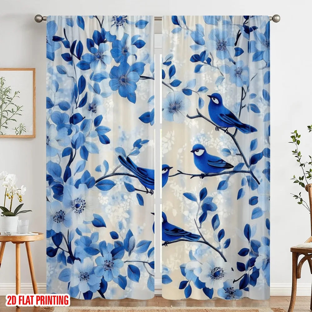 

2pc,2D plane printing Light Filtering Curtains Bluebird Blossoms 100% Polyester (without rod) Festive for Bedroom Living Room