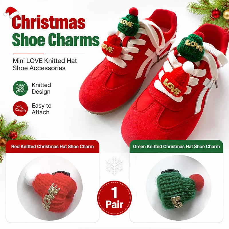Xmas Mini LOVE Knit Hat Shoe Charms 2Pcs Mini Beanie Shoelace Decor Clips for Canvas Sneakers Trainers Christmas Shoe Ornaments