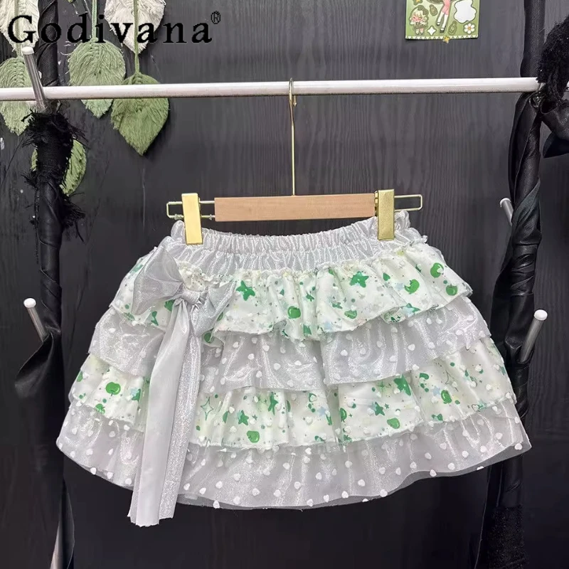 Gonna stile principessa Kawaii Lolita per ragazze Gonna giapponese dolce e carina con volant per torta Gonna da donna punk Y2k con stampa fiocco