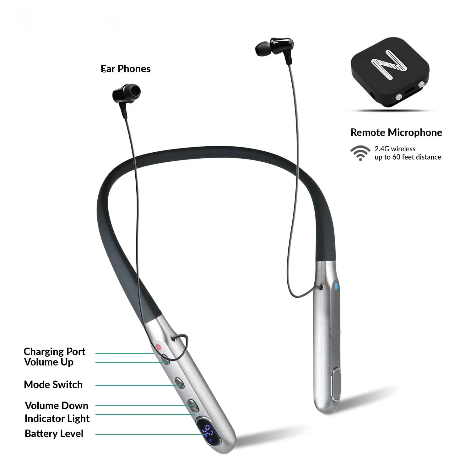 Rechargeable Hearing Amplifier Wireless Neckband Headphones Remote Microphone for Seniors Adults Noise view 2