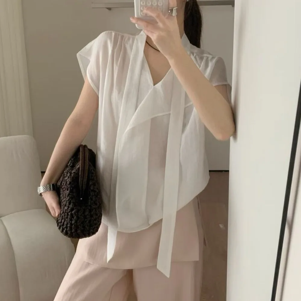 

Chic Korean Style Summer Design Bow Tie Pleated Versatile Stylish Loose Short Sleeve Women's Shirt Vintage Small Audience