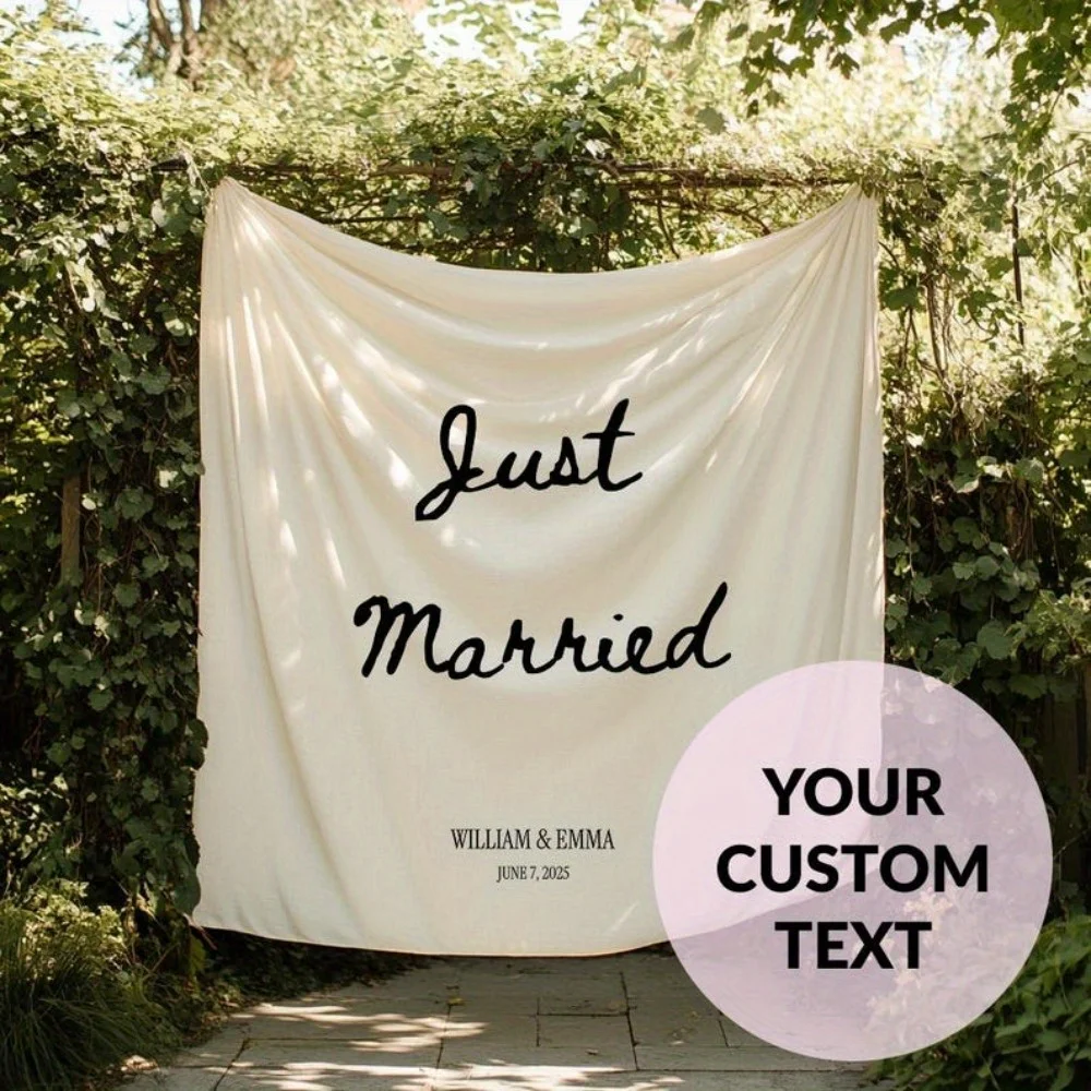 Custom Wedding Banner - Custom Image Design, Durable Material, Easy to Hang, Just Married Sign, Fabric Wedding Backdrop view 3