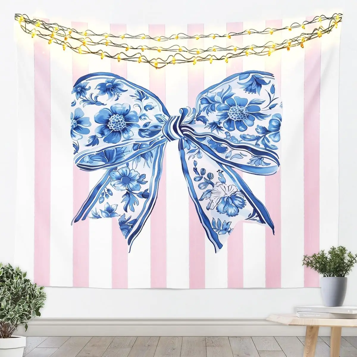 Chinoiserie Bow Tapestry Blue and White Floral Wall Art Pink Bow Wall Hanging Blanket for Living Room Bedroom Modern Aesthetics