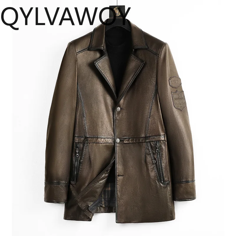 QYLVAWOY Genuine Leather Jacket Man Clothing Men's Leather Coat Oil Wax Sheepskin Mid-length Windbreaker Outerwears lederjacke