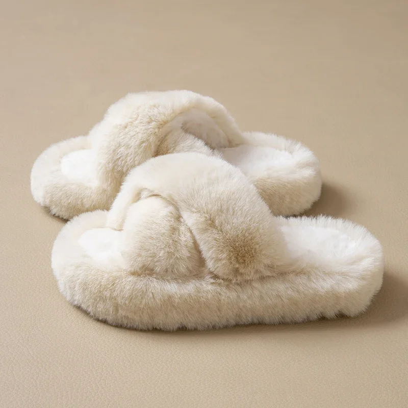 ZUOFU Damen Flauschige Pantoffeln mit Kreuzriemen, Herbst Winter, 4cm Plateau, EVA-Sohle, Warme Rutschfeste Indoor-Hausschuhe – Detail 3