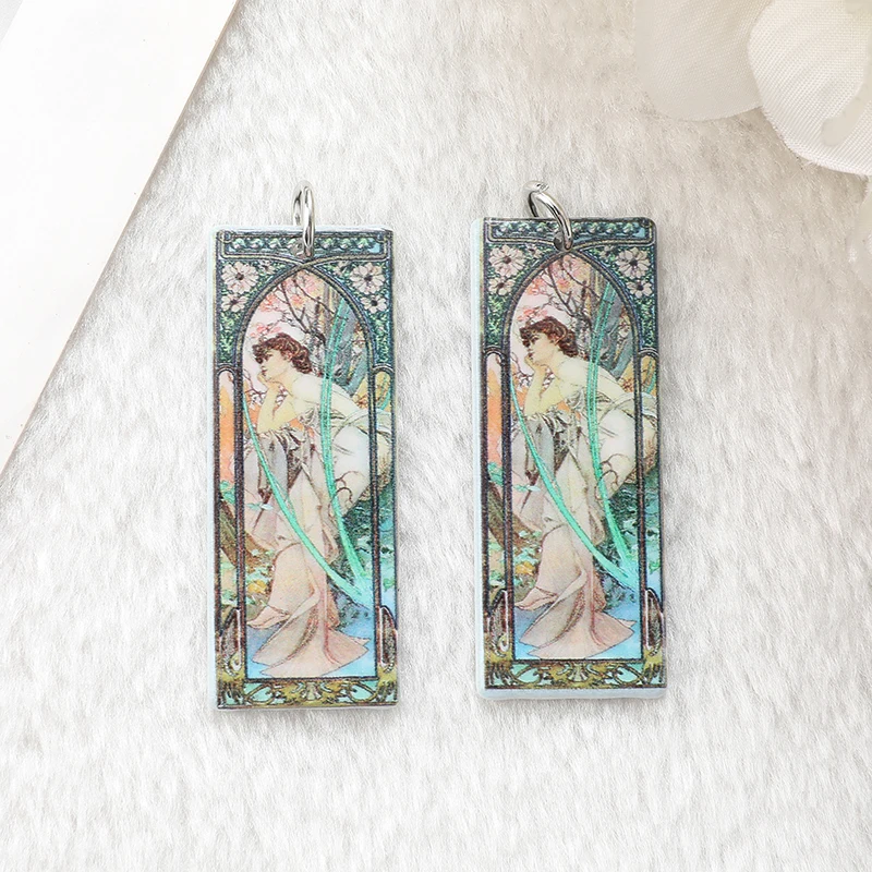 8Pcs Mucha Vintage Charme Acryl Kreative Malerei Für Ohrring Keychain Anhänger Halskette Diy Herstellung