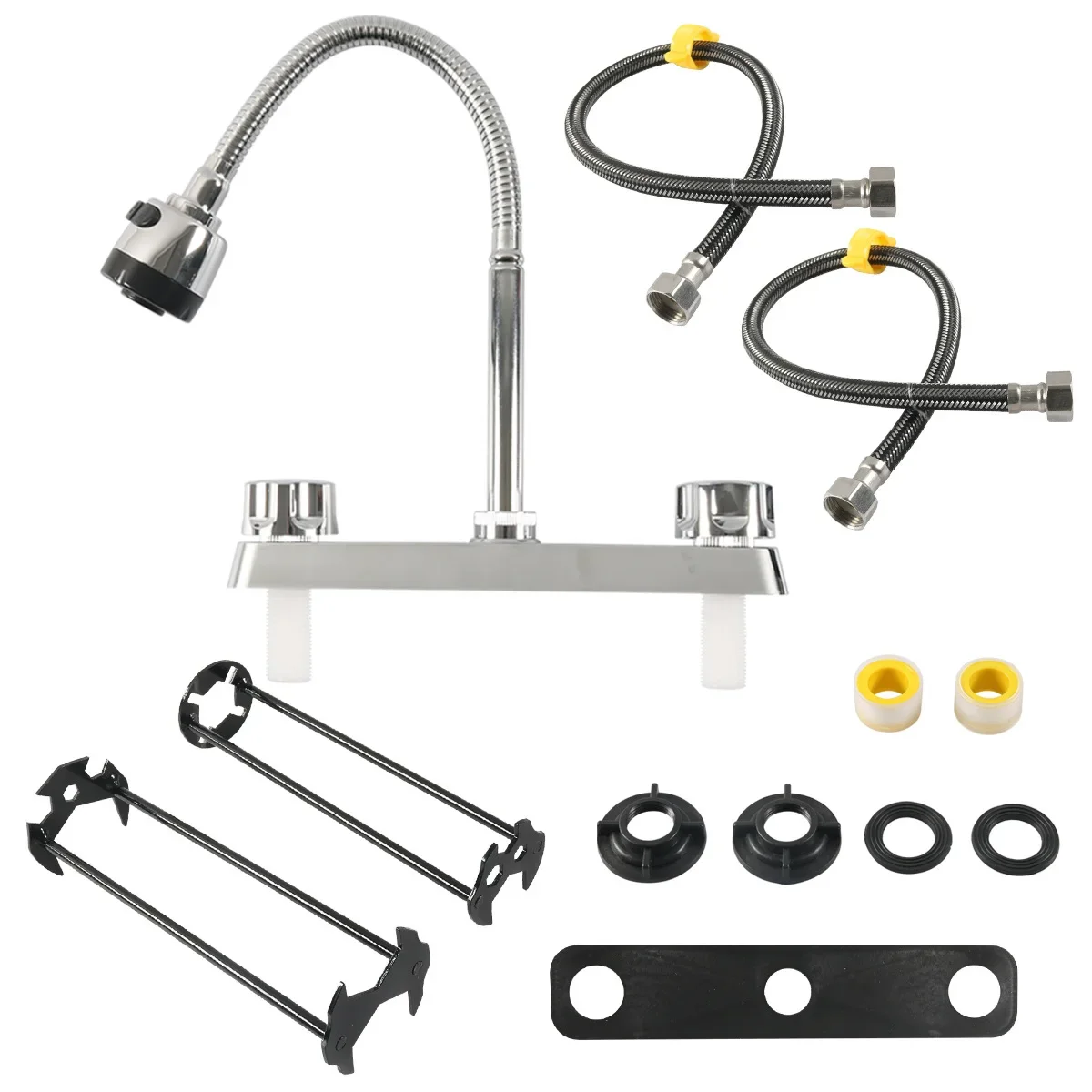 RV 주방 듀얼 인터페이스 수도꼭지 듀얼 핸들 주방 360도 회전 수도꼭지 교체 싱크 수도꼭지 주방 액세서리