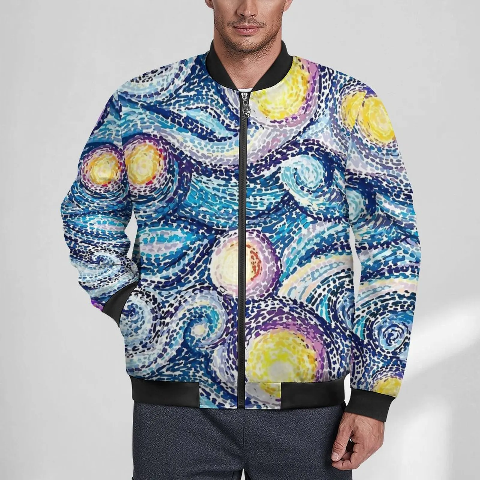 

Abstract Starry Night Print Casual Jackets With Pockets Windbreak Male Printed Coats Autumn Modern Classic Jacket Big Size