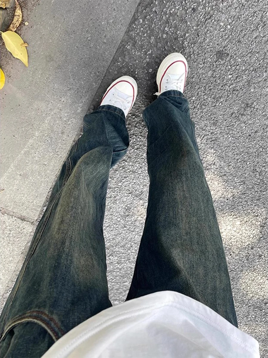 

Deep Blue Retro Straight Leg Men's Jeans Spring Cleanfit Boys Flared Pants American High Street Vibe Casual Straight Fit Jeans