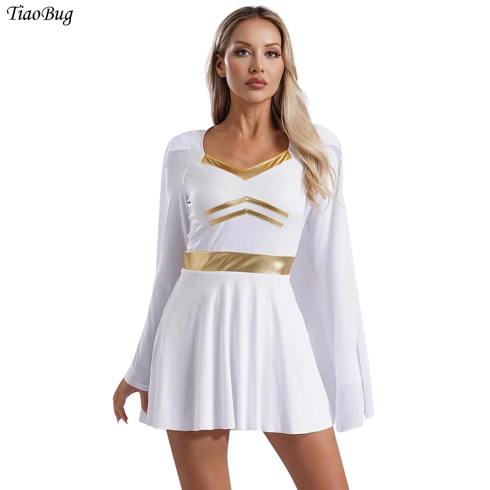 

Halloween Greek Deity Princess Cosplay Costume Womens Chiffon Long Sleeve Metallic Trim Cape Dress Roman Queen Dress Up Robes