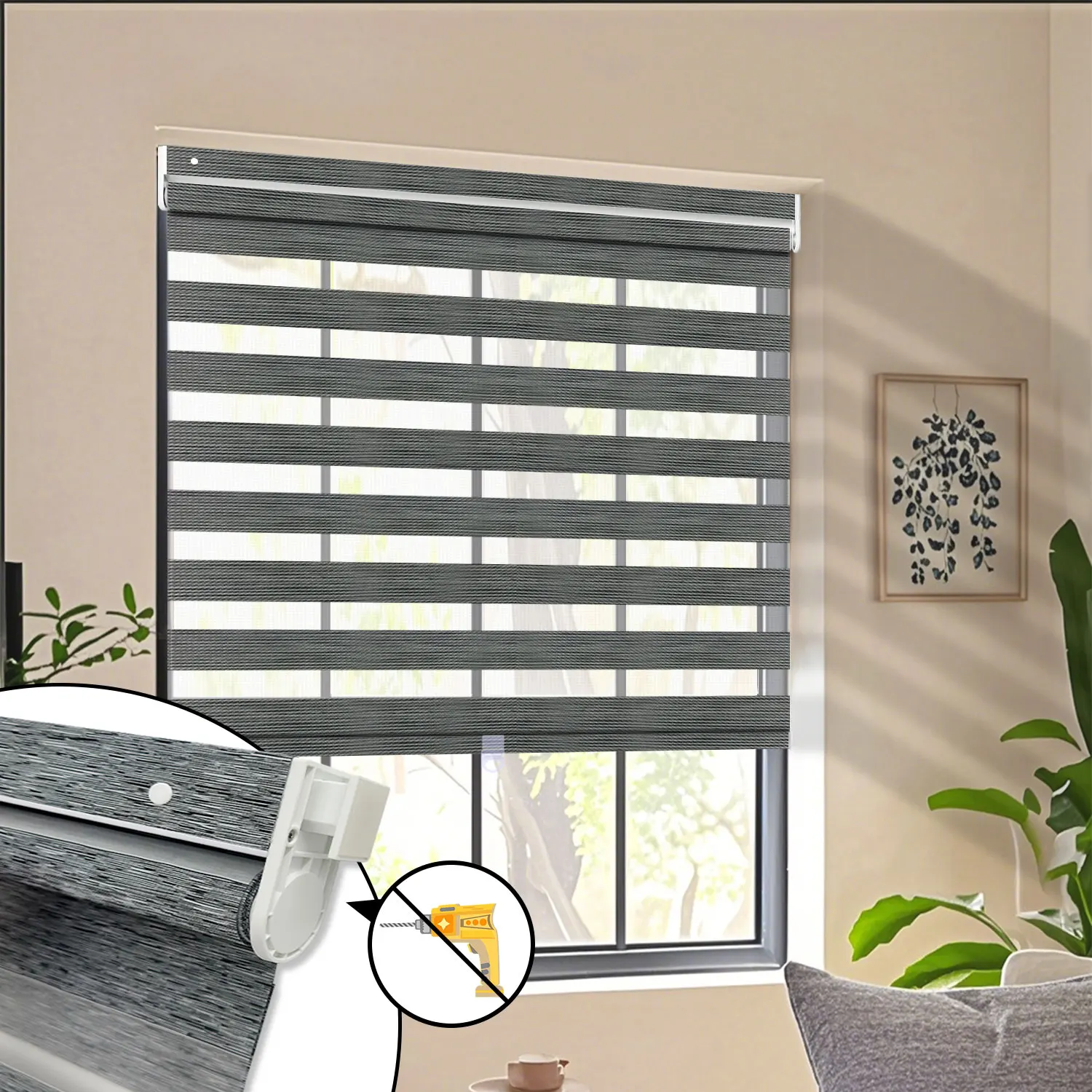 

Cordless Zebra Shade without Driiling Day Night Double Layer Window Blinds, Easy to Install Custom Size