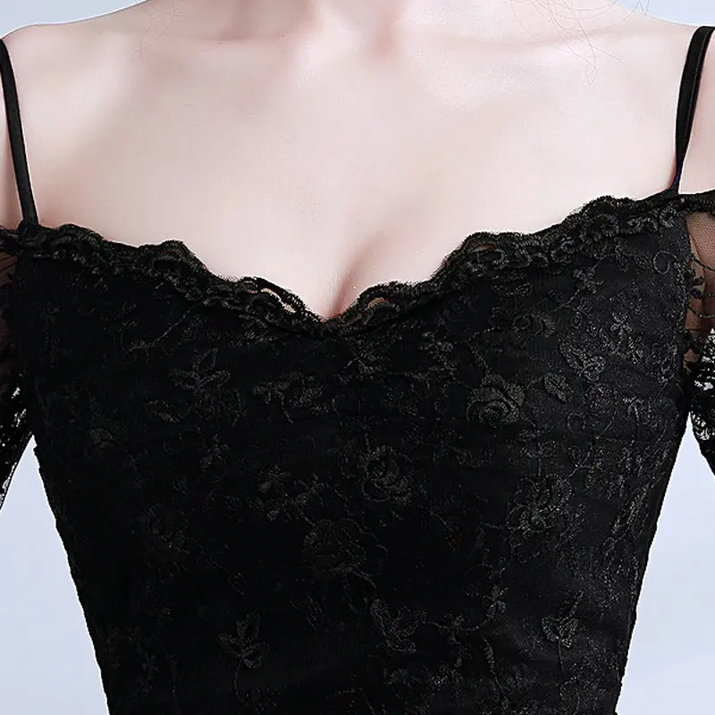 فساتين سهرة بسيطة مخصصة عالية ومنخفضة باللون الأسود نصف كم من الدانتيل للحفلات الراقصة للنساء بدون ظهر فستان رسمي رداء السهرة