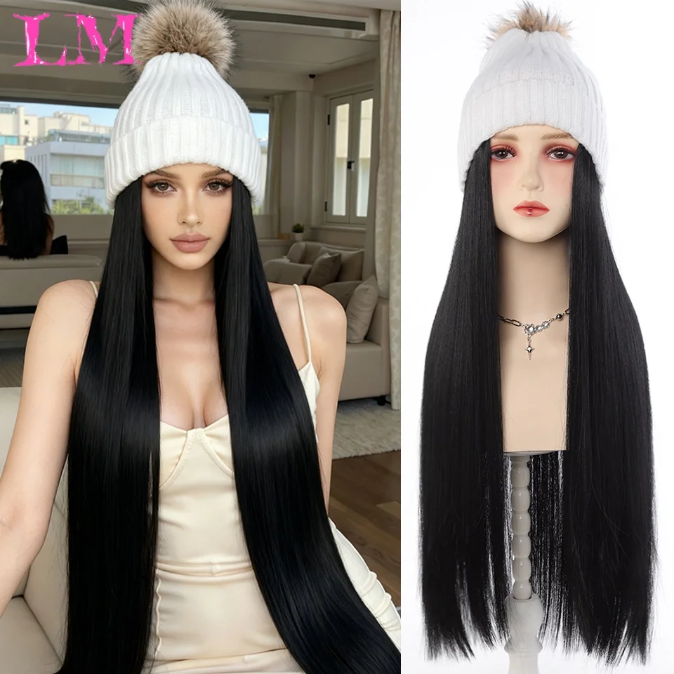 LM Synthetic Hat Wig Hair Extensions Beanie Hat Wig Long Straight Hair Synthetic Extensions Hairpiece for Women Winter Use