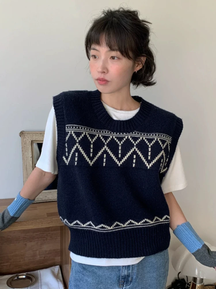 

Korobov корейский модный осенний свободный жаккардовый пуловер без рукавов с v-образным вырезом и геометрическим принтом, вязаный свитер, жилет