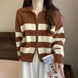 Vintage Striped Polo-Neck Sweaters Women's Clothing Korean Long Sleeve Autumn Winter Basic Loose Fashion Zipper Knitted Cardigan