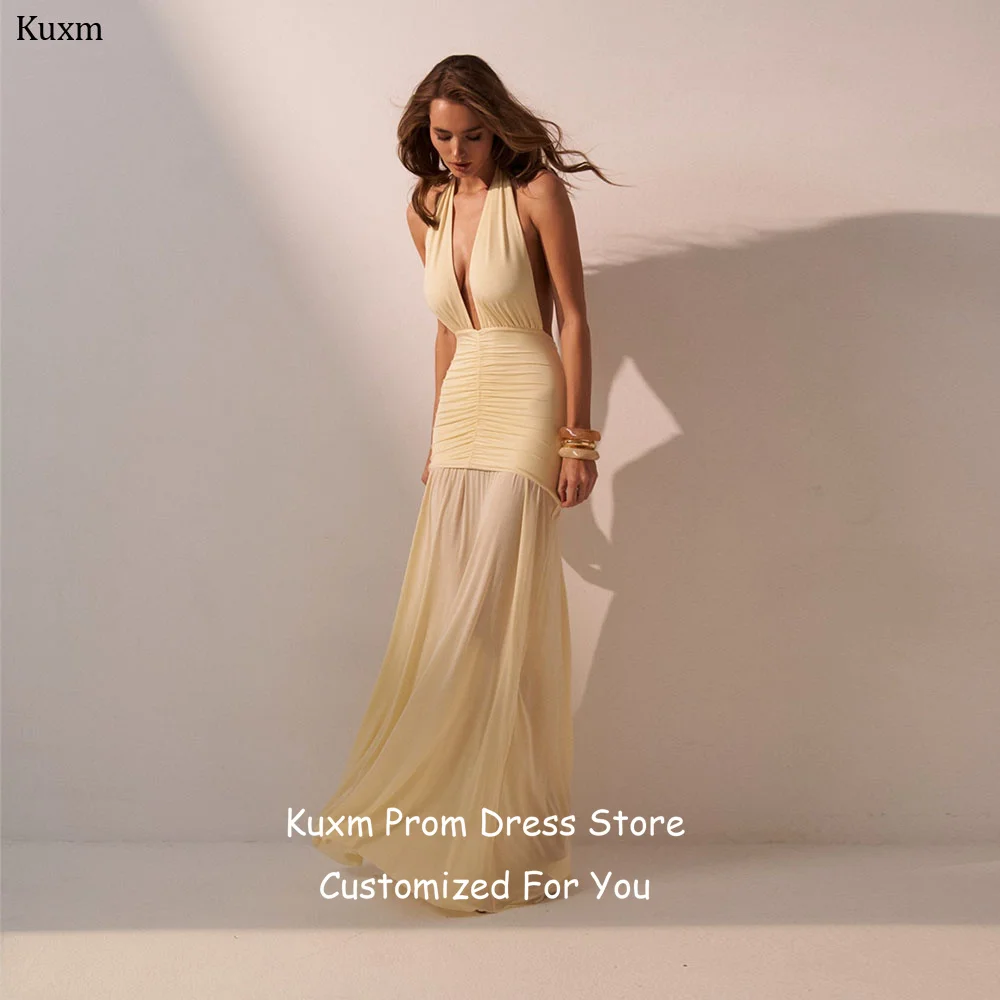

Kuxm Chiffon A Line Evening Dresses Women Halter Elegant Prom Gowns Backless Floor Length Formal Vintage Party Attire Customized