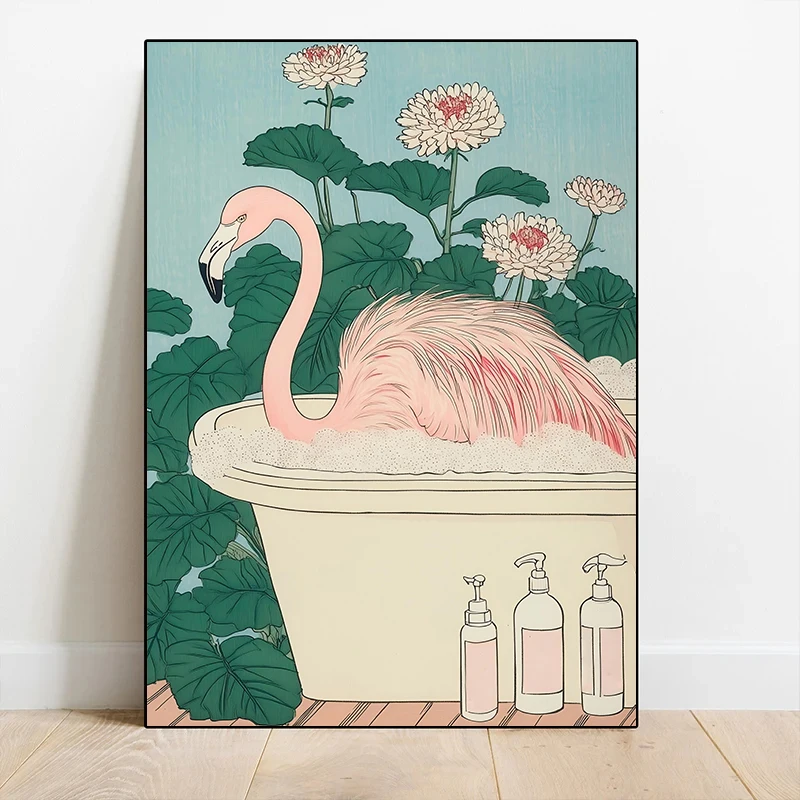 Alpaca Horse Tabby Cat Rabbit in Bathtub Posters Prints Canvas Printing Japanese Wall Art Picture for Bathroom Toilet Home Decor