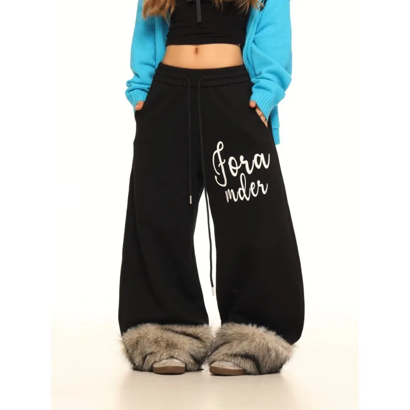 ライトブルーのカスタムメイドアメリカンファーリーレッグカバーレタープリントカジュアルパンツ レディース 2025年秋 ルーズワイドレッグパンツ