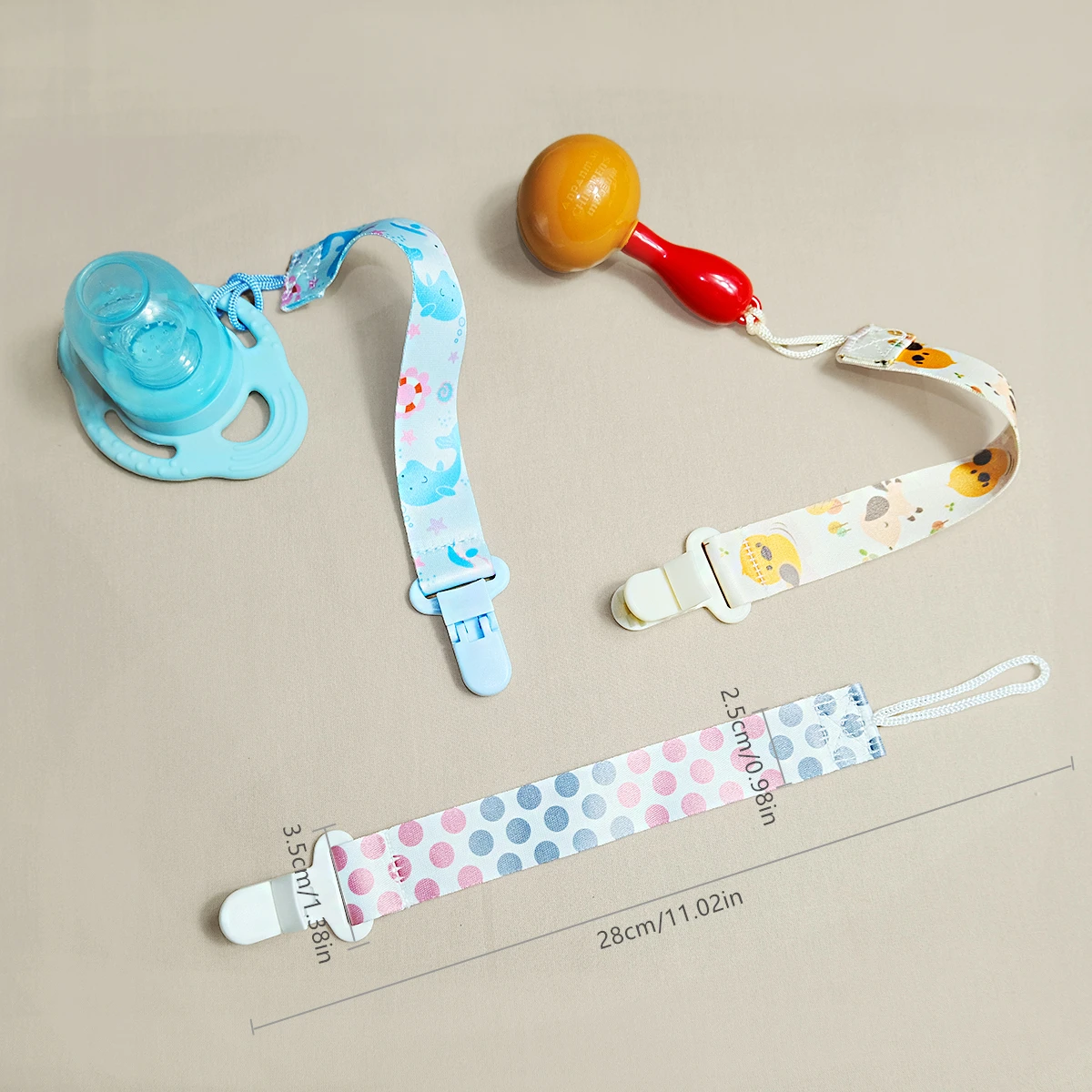 3PCS cartoon printed baby pacifier to prevent chain dropping; Baby gum toy anti fall rope hanging rope, bottle and nipple clip