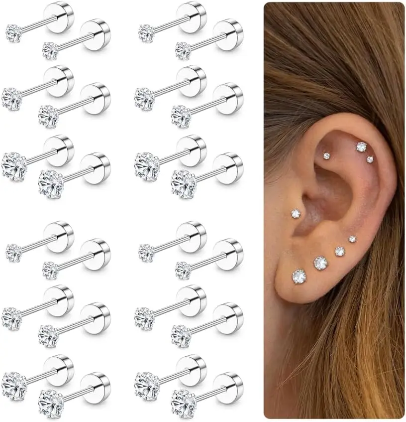 

12Pairs 20G Stainless Steel CZ Stud Earrings for Women Men Cartilage Helix Stud Earrings Set Round