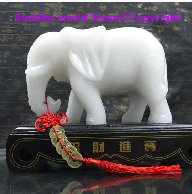 Home Company office business high-grade Decor  mascot ZHAO CAI White jade elephant Christmas FENG SHUI ART Statue