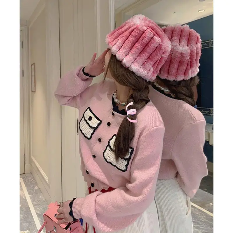 Women Stylish Contrast Color Luxury Chic Button Knitted Cardigan Autumn Winter Y2K Sweet Cute Long Sleeve Soft Outerwear Sweater