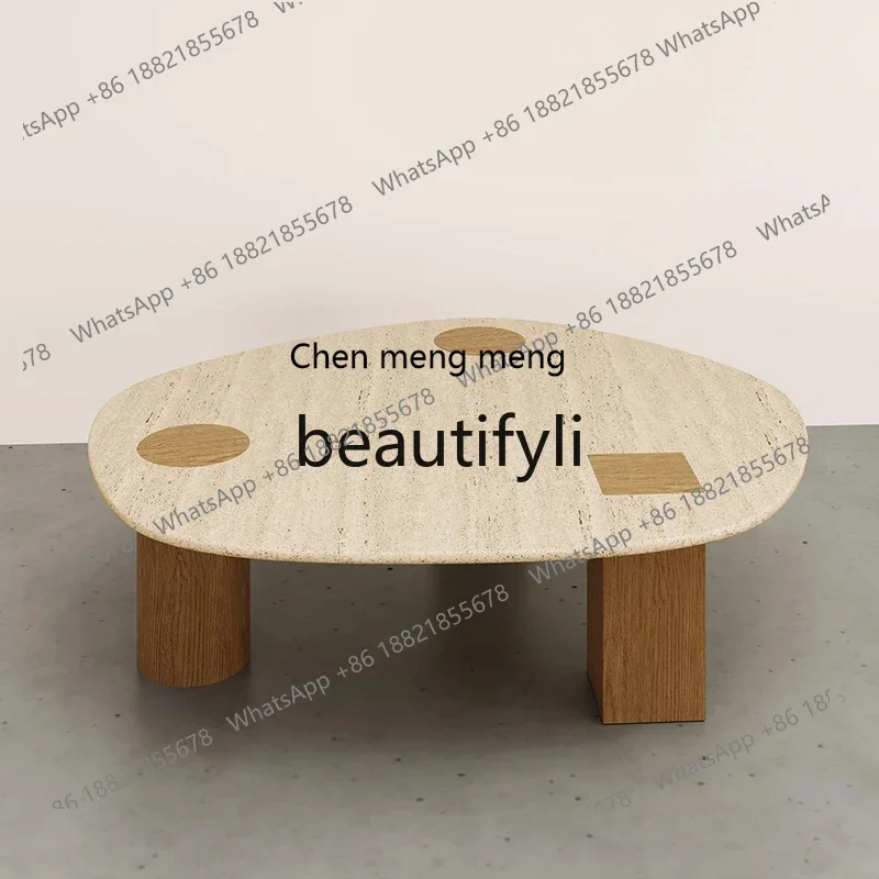 cn8350 ss Natural Travertine Coffee Table Small Apartment Living Room Home Irregular Coffee Table Wabi-Sabi Style Solid Wood Tea
