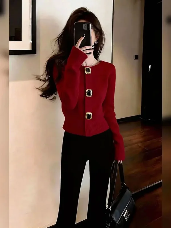 

Red Long Sve Women's Open Cardigan Metal Button Decoration Slim Fit High End Sweater Commute Sle Faionable New Winter ...