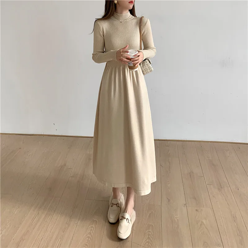 Knitted Sweater Dresses for Women Party Clothing Half Turtleneck Autumn Winter 2022 Midi Dress A-Line Vintage Casual Loose Warm