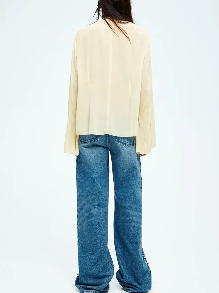 2025년 여름 신상 여성 긴팔 셔츠 루즈핏 쉬폰 와이드 웨이스트 디자인 브이넥 단색 출퇴근 스타일 탑