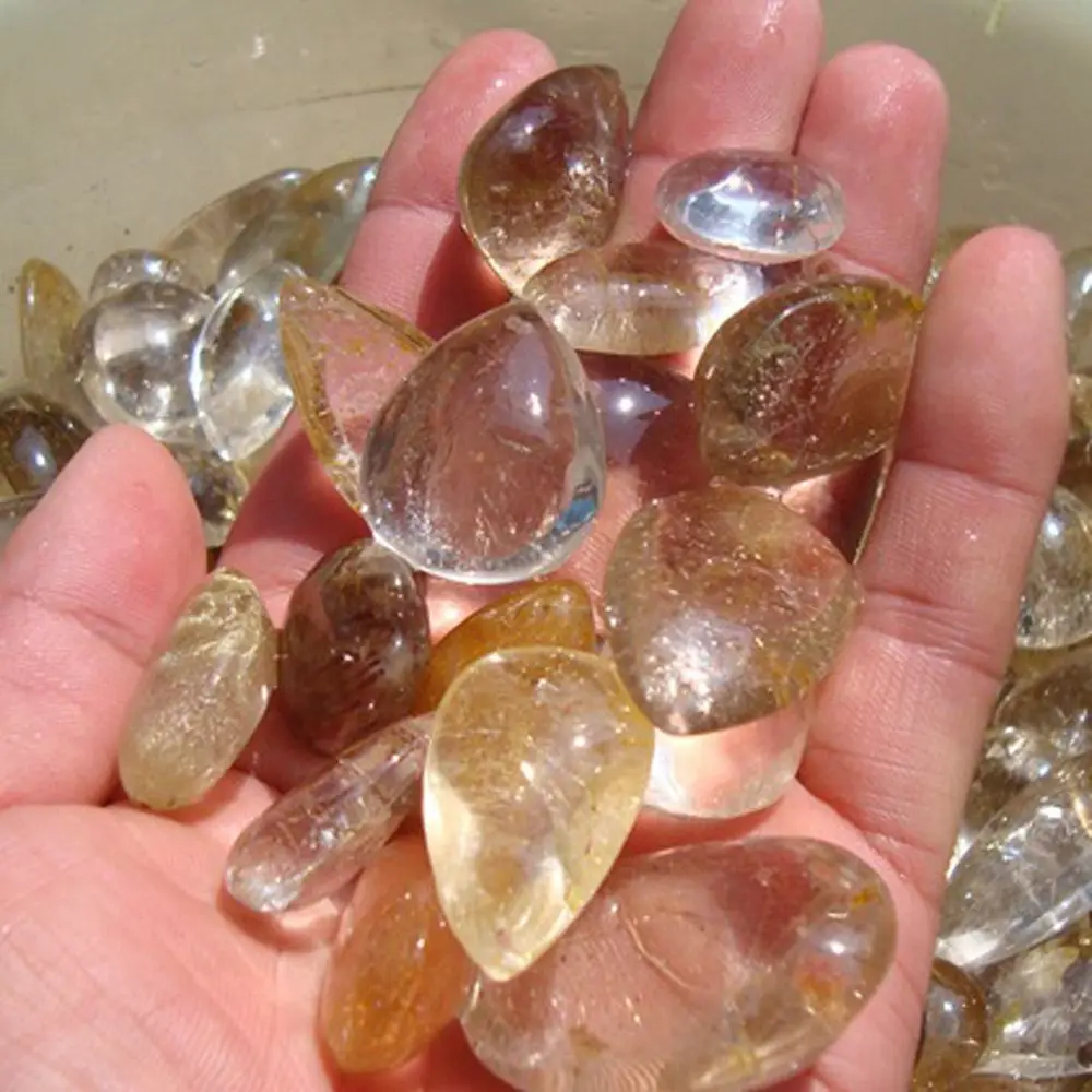 Jewelry Polished Citrine Natural Hair Crystal Yellow Hairstone Rutilated Quartz Healing Stone