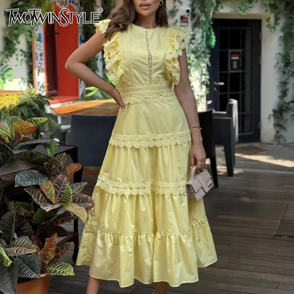 

TWOTWINSTYLE однотонные утягивающие модные платья для женщин с круглым вырезом без рукавов в стиле пэчворк, платье миди с рюшами, женская элегантная одежда