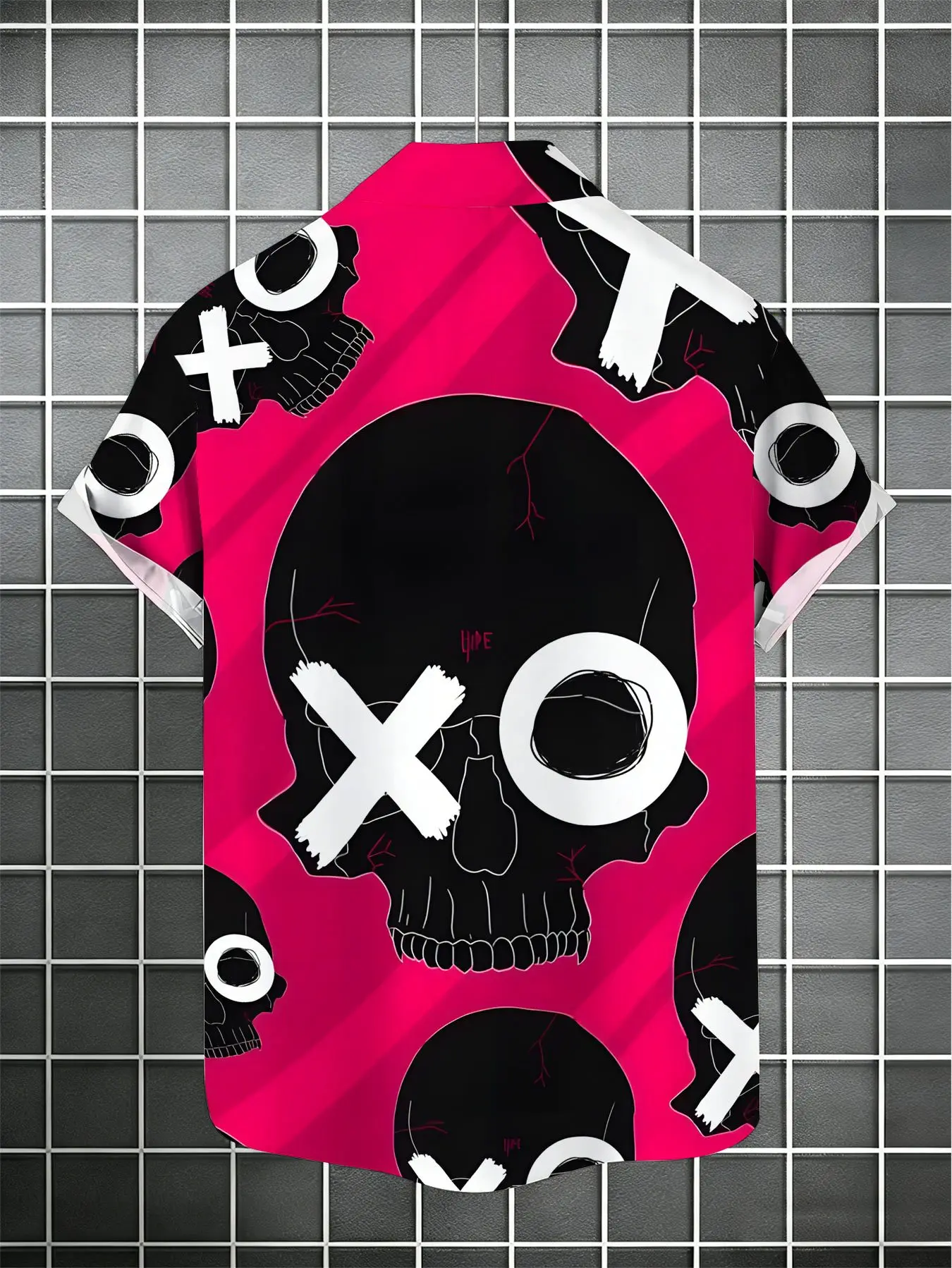 Men Short Sleeve Button Down Shirt Hot Pink Black Skull XO Graffiti Print Polyester Casual Party Beach Blouse