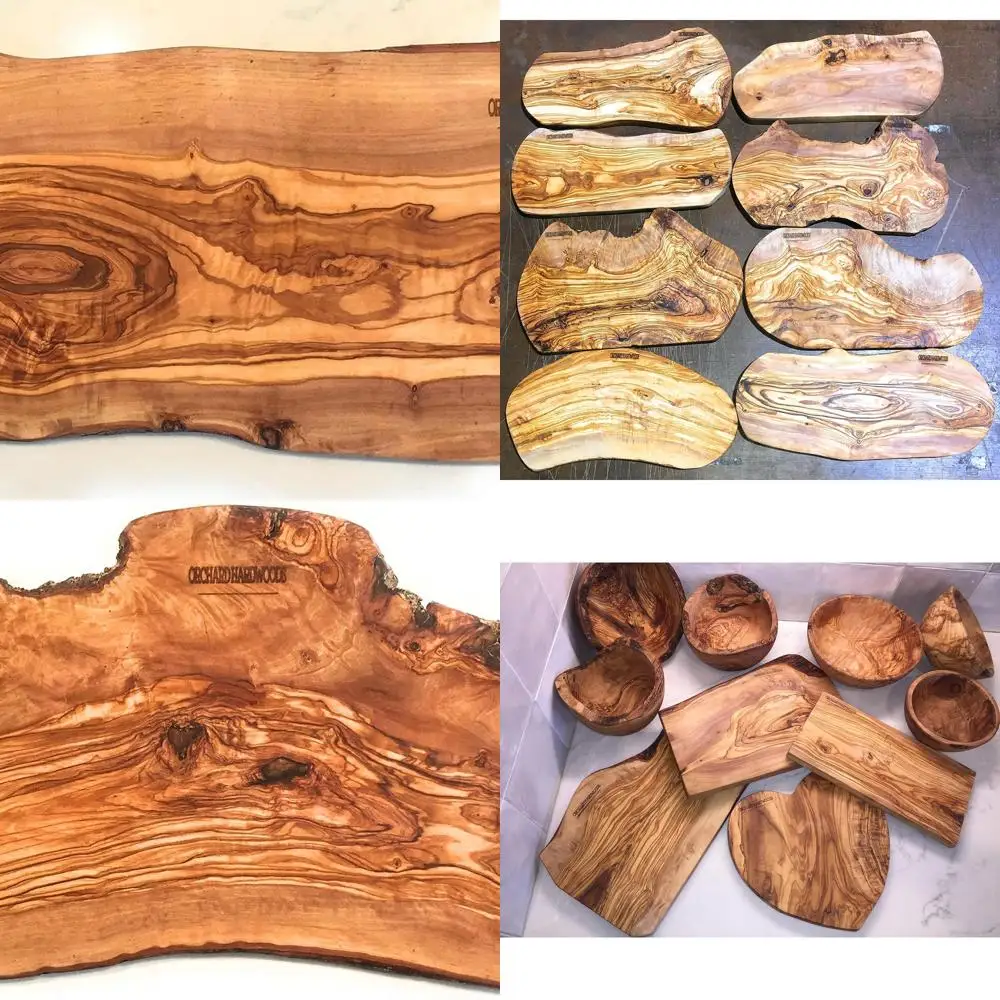 Tabla de charcutería de madera de olivo mediana 16 hecha a mano con borde de corteza para servir, cortar y cortar