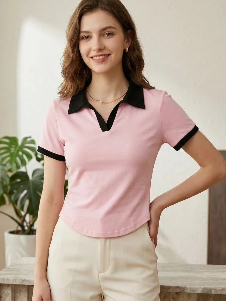 AOSSVIAO 2026 Frühling Sommer Damen Colorblock V-Ausschnitt Kurzarm Poloshirt Schickes Slim Fit Vielseitiges T-Shirt Sexy Crop Tops – Detail 1