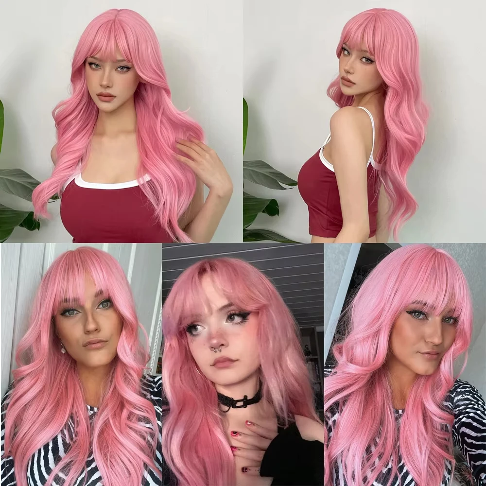 Pink synthetic wig with big waves for Halloween party, cosplay wig, daily wig, high-temperature hair accessory wig set image 3