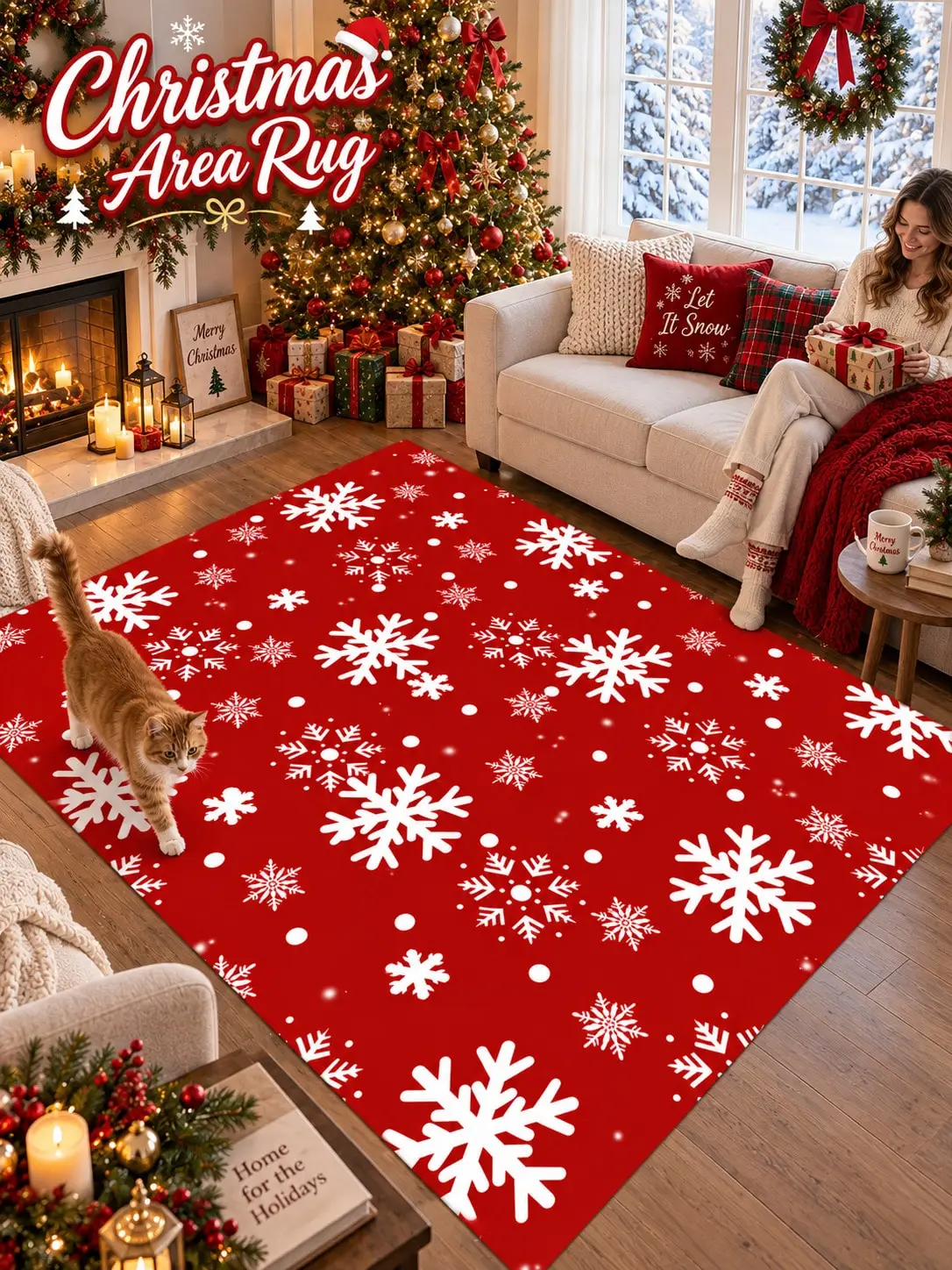 Christmas Rug Snowflakes Living Room Bedroom Study Entryway Floor Carpet Gift for Parents Grandparents Friends Winter Thanksgiving Birthday Anniversary Housewarming Apartment Cabin Farmhouse Home Styling Sofa Side Reading Nook Holiday Gathering