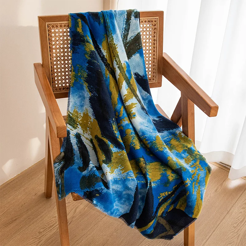 

New High-end Personalized Imitation Cashmere Scarf for Women, Blue Ethnic Style Printed Luxury Mid Length Cold Resistant Scarf