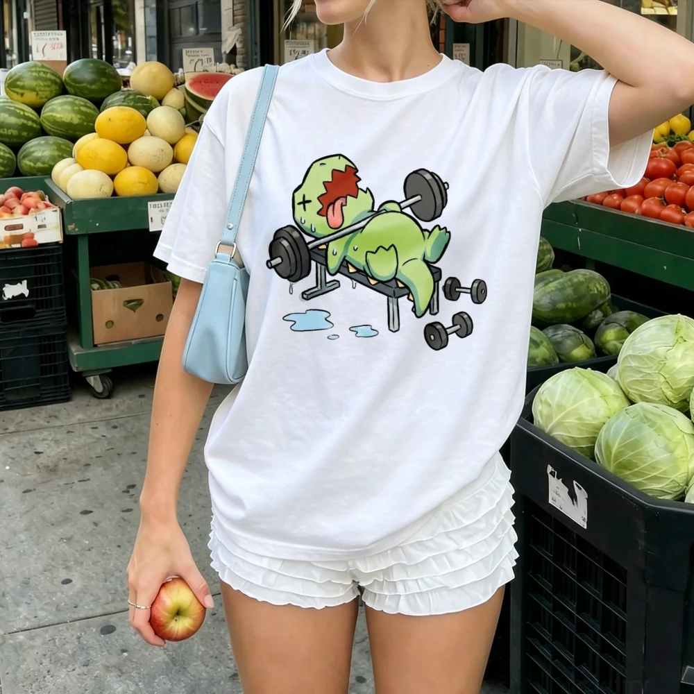 Women Funny Buff Workout Green Dinosaur Lifting Barbell Cartoon Graphic T Shirt Gym Fitness Humor Casual Sport Lover Tee Tops