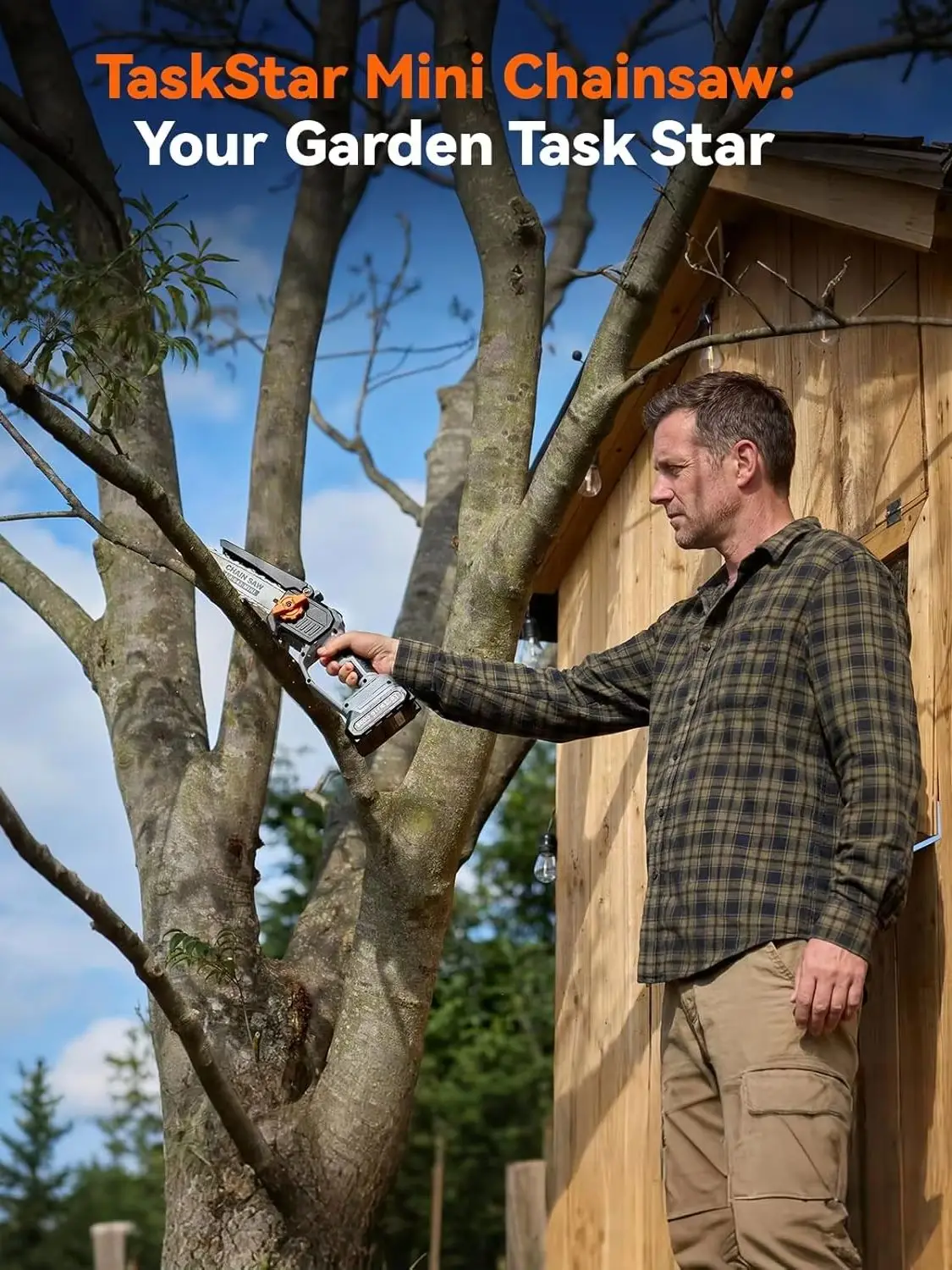 TaskStar-8 Zoll Mini Elektrische Kettensäge mit Automatischer Ölzufuhr, Tragbare Akkubetriebene Kabellose Kettensäge, Handgeführte Baumsäge für Garten, Holzschnitt und Baumbeschneidung