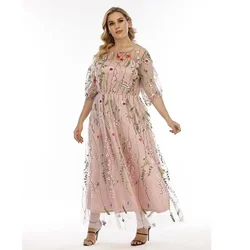 Women's XL-4XL Plus  Size French Hepburn style plus size dress evening dress women's mesh embroidered banquet party dress