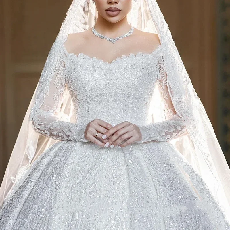 Luxury Off Shoulder Long Sleeve Wedding Dress Satin Pearl Embroidery Wedding Dress A-line Princess Bridal Ball Dress Custom